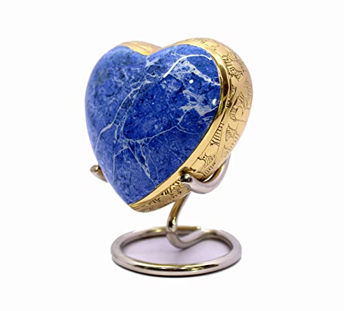 eSplanade Brass Mini Cremation Urn Heart-Shaped Keepsake Memorial Jar Pot Container | Small Urn for Funeral Ashes Burial | Stone Textured Keepsake with Stand | Blue - 2.75 Inches